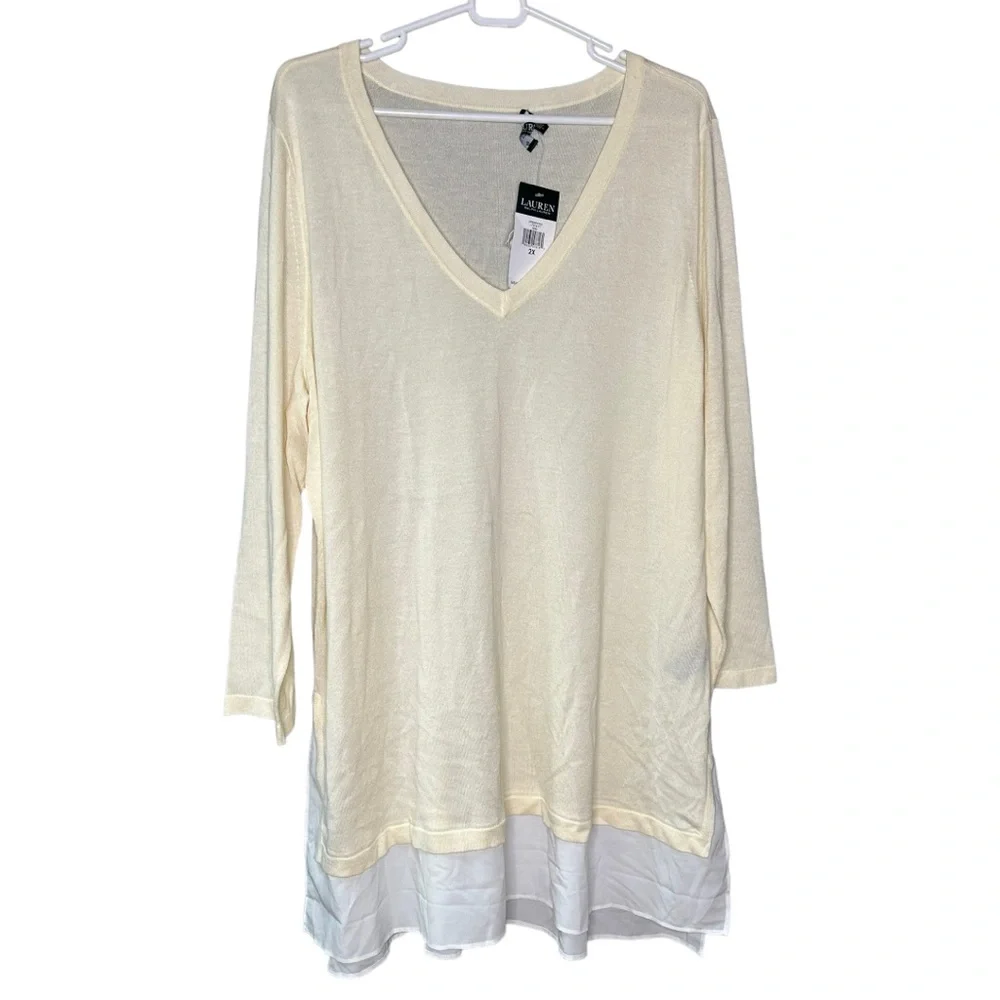 Lauren Ralph Lauren V Neck Tunic Layered Sweater Top Cream Ivory Silk Blend